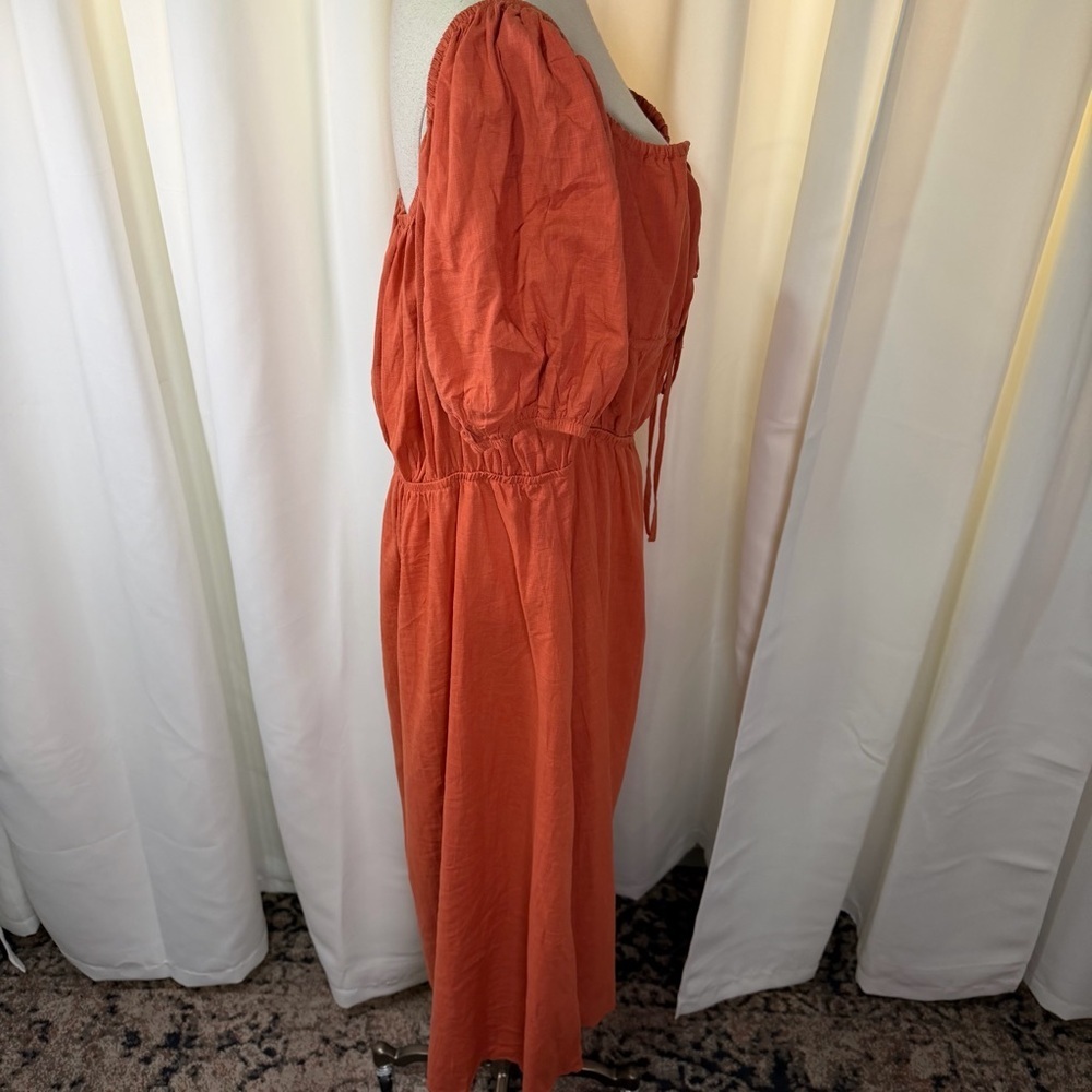 NWOT SHEIN Burnt Orange Tie-Bust Puff-Sleeve Cotton Gauze Milkmaid Dress Size 4X - Picture 11 of 16